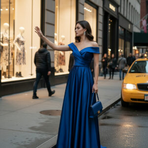 Robe de cocktail longue bleu en satin