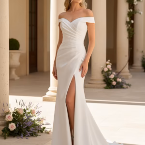 Robe de mariée sirène blanche à épaules dénudées avec drapé et fente