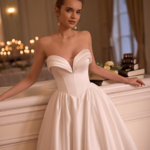 Robe de mariée Selestia S10213 : une création élégante à la forme trapèze, avec bustier cœur drapé, jupe fluide, longue traîne et dos corseté.